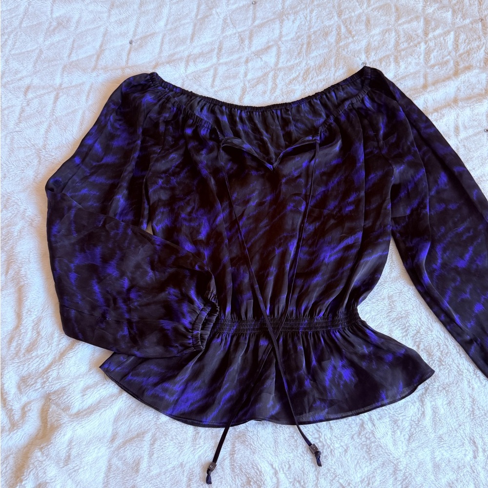 Women's Off-Shoulder Blouson Top in Deep Violet Print